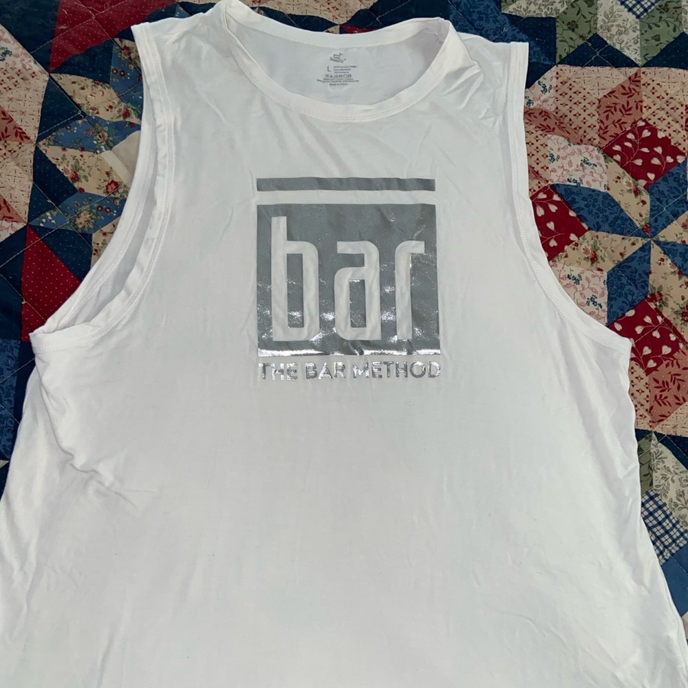 The Bar Method silver foil logo tank by Boody size L Large EUC